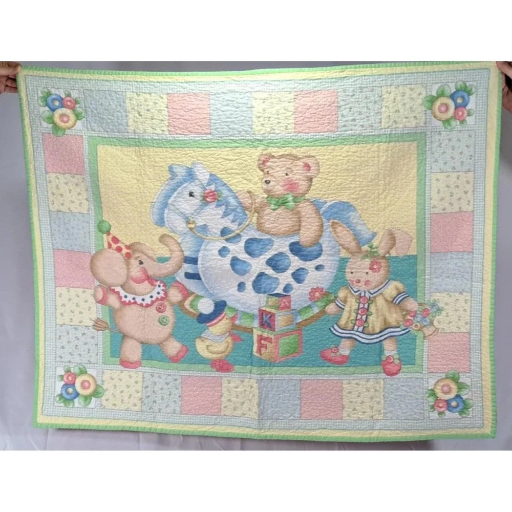 Vintage Style Nursery Baby Quilt Teddy Bear Rocking Horse‎ Elephant Bunny Pastel